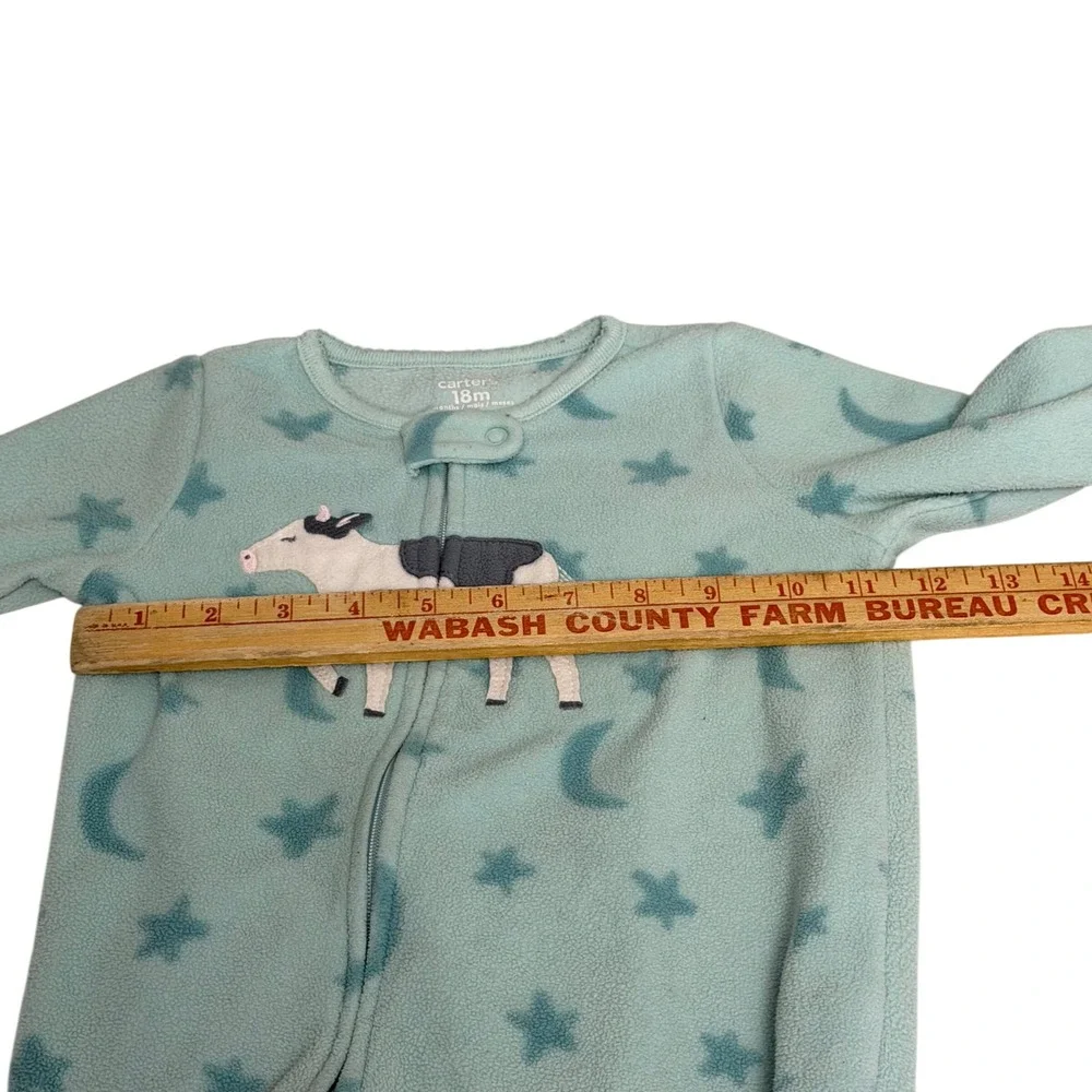 Carters 18M Fleece Footed Pajamas Set 2 Pack Owl Heart Cow Star Gray Aqua Blue